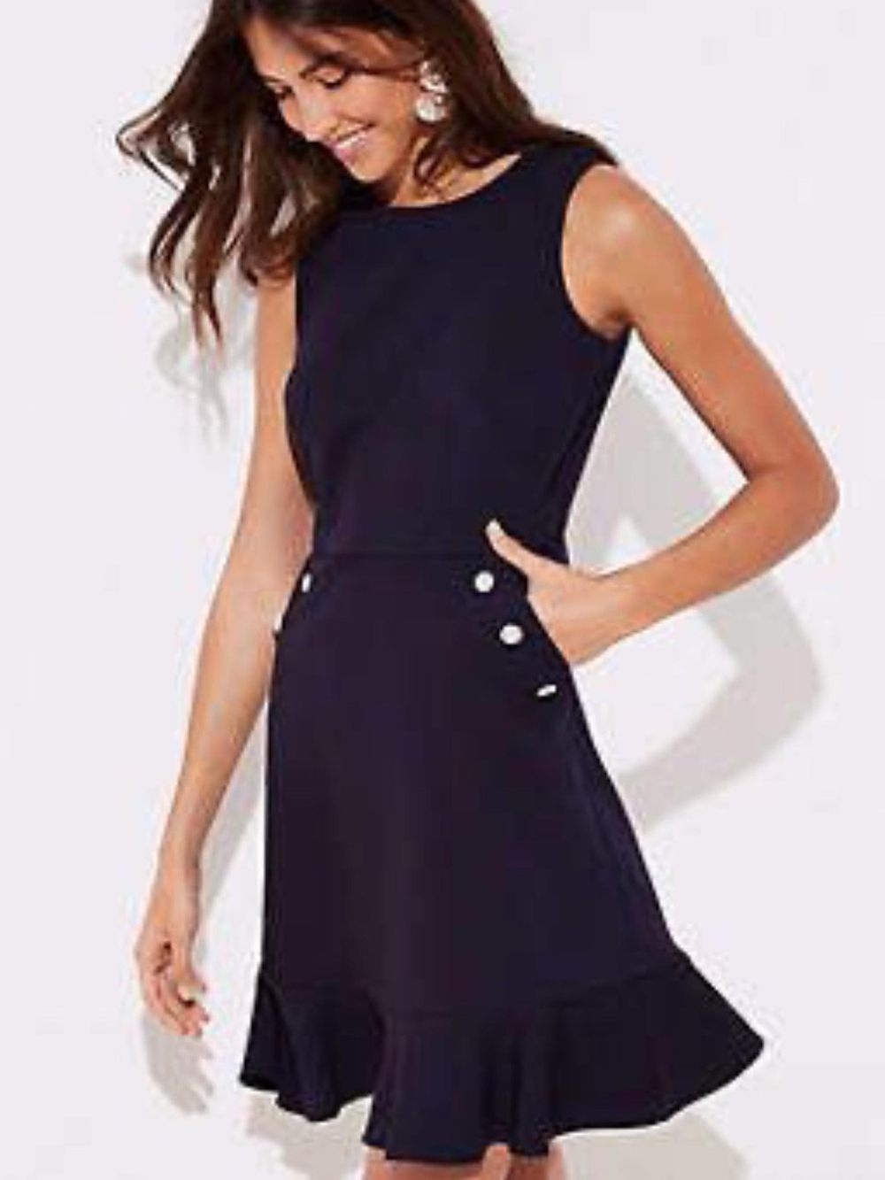 NWT LOFT Navy Blue Sleeveless Button Pocket Flounce Dress Size 8